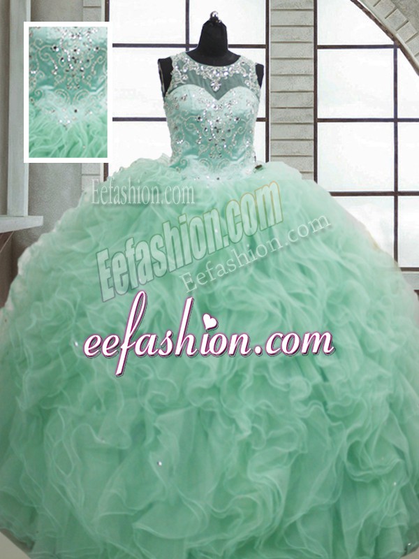  Sleeveless Beading and Ruffles Lace Up Quinceanera Gowns