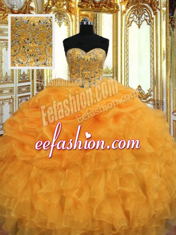  Orange Sweetheart Neckline Beading and Ruffles Quince Ball Gowns Sleeveless Lace Up