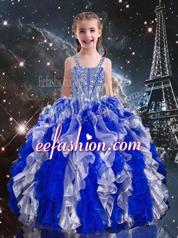 Cute Blue Lace Up Straps Beading and Ruffles Glitz Pageant Dress Organza Sleeveless