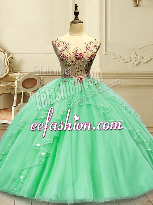 Attractive Floor Length Green Quinceanera Gowns Scoop Sleeveless Lace Up