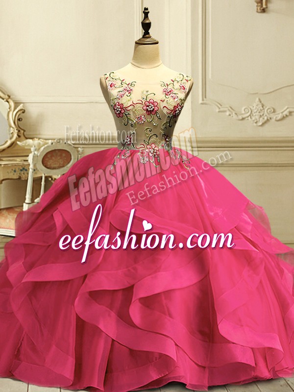 Customized Hot Pink Lace Up Scoop Appliques and Ruffles Ball Gown Prom Dress Organza Sleeveless
