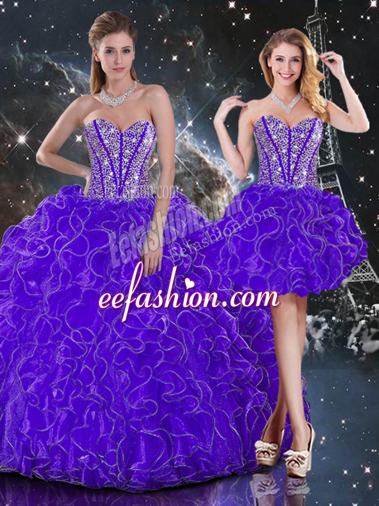  Purple Organza Lace Up Sweetheart Sleeveless Floor Length Sweet 16 Quinceanera Dress Beading and Ruffles