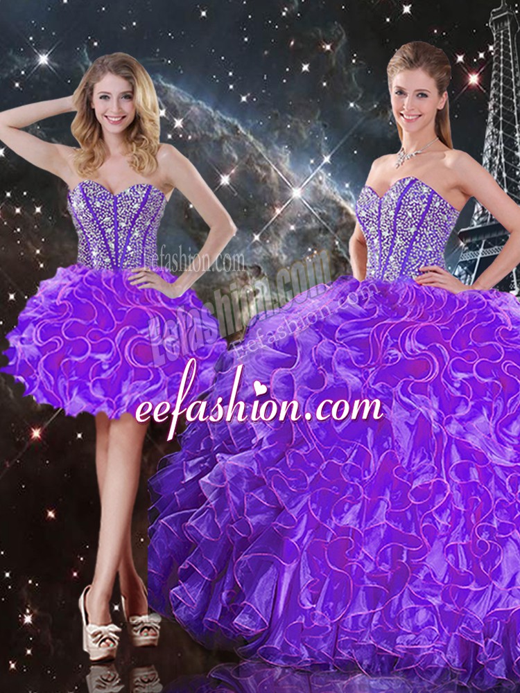 Perfect Sweetheart Sleeveless Quinceanera Gown Floor Length Beading and Ruffles Eggplant Purple Organza