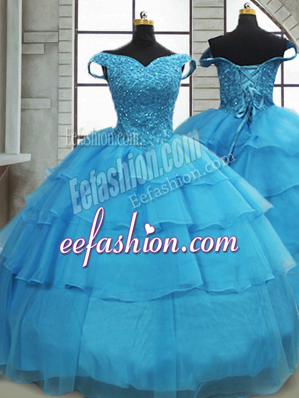 New Style Sleeveless Brush Train Lace Up Beading and Ruffled Layers Vestidos de Quinceanera