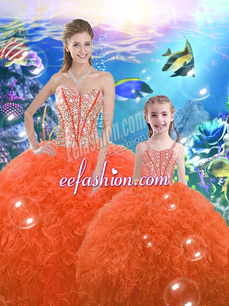 Elegant Orange Red Lace Up Sweetheart Beading and Ruffles 15 Quinceanera Dress Organza Sleeveless