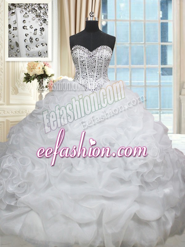 Cheap White Sweetheart Neckline Beading and Pick Ups Quinceanera Gowns Sleeveless Lace Up