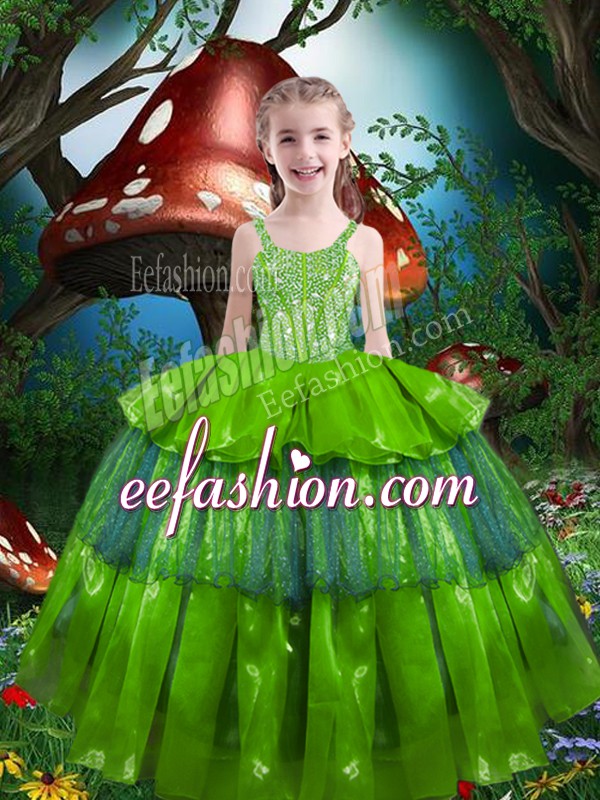 Low Price Floor Length Winning Pageant Gowns Organza Sleeveless Beading and Ruffled Layers