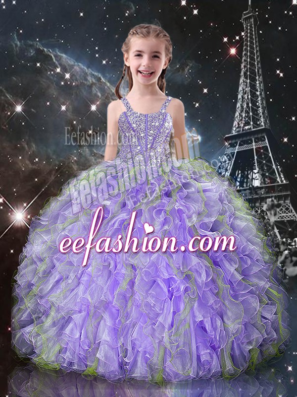  Lilac Ball Gowns Beading and Ruffles Winning Pageant Gowns Lace Up Organza Sleeveless Floor Length