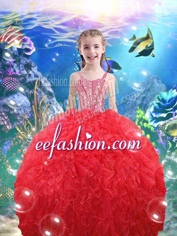 New Arrival Floor Length Coral Red Winning Pageant Gowns Straps Sleeveless Lace Up