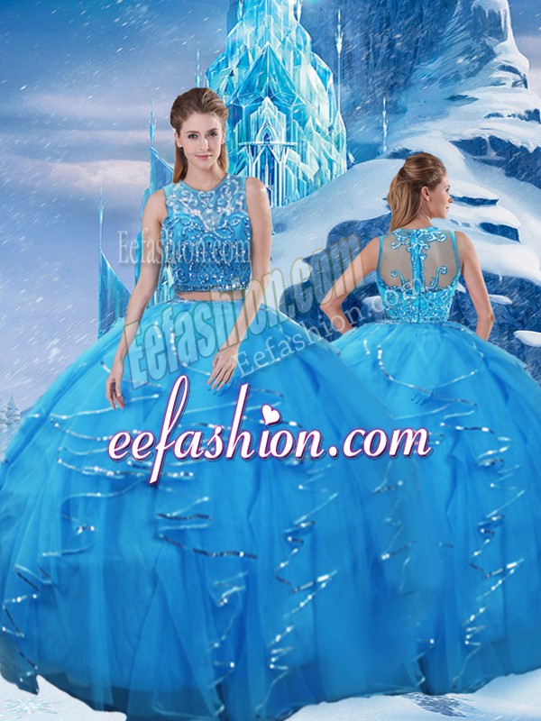 Great Baby Blue Sleeveless Beading and Ruffles Floor Length Quinceanera Dress