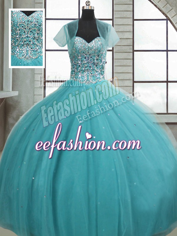  Beading and Sequins Ball Gown Prom Dress Aqua Blue Lace Up Sleeveless Floor Length