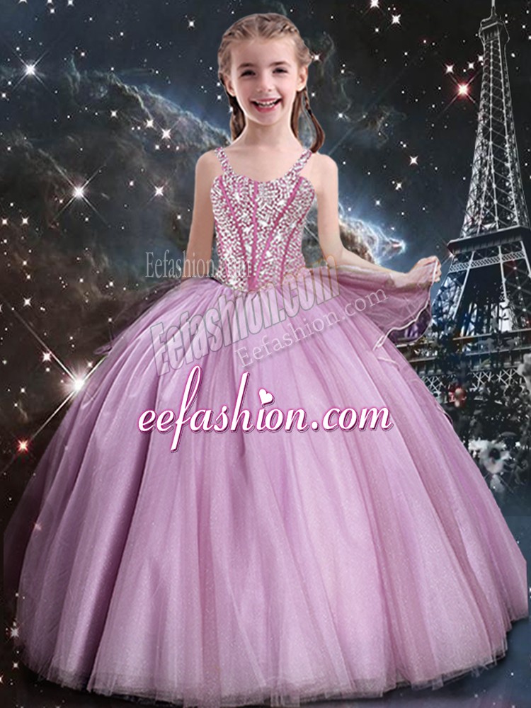  Rose Pink Lace Up Straps Beading Little Girl Pageant Dress Tulle Sleeveless