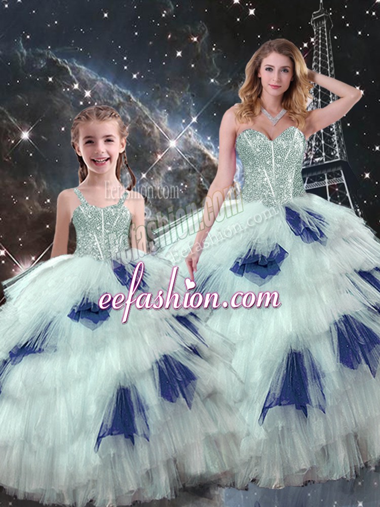  Blue And White Sleeveless Organza Lace Up Quinceanera Dress