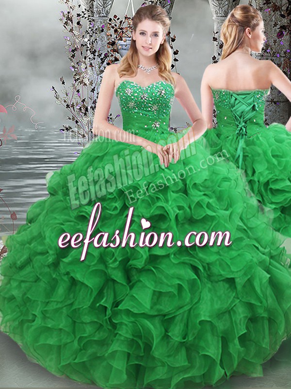  Sleeveless Organza Floor Length Lace Up Quinceanera Gowns in Green with Beading and Ruffles