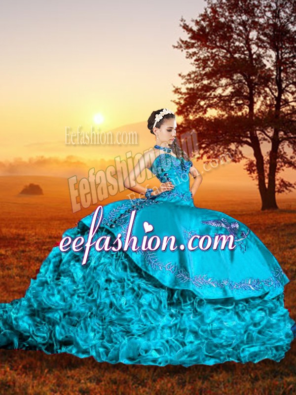 Hot Selling Baby Blue Ball Gowns Sweetheart Sleeveless Organza Brush Train Lace Up Embroidery and Ruffles Quince Ball Gowns