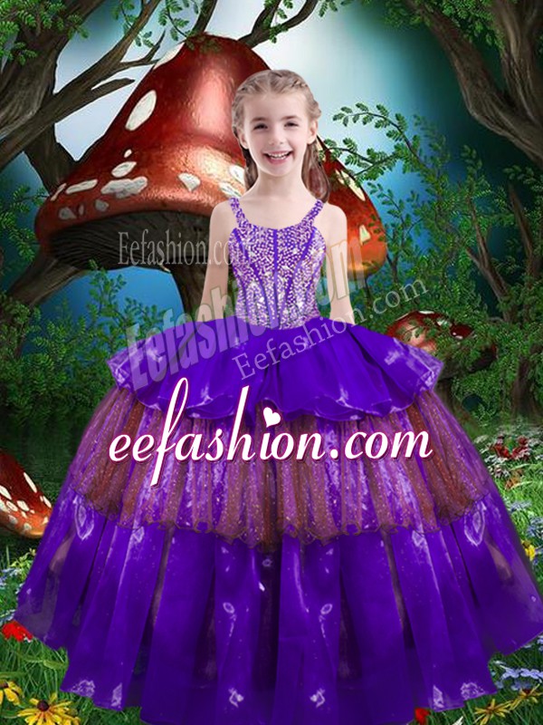  Purple Ball Gowns Beading and Ruffled Layers Kids Pageant Dress Lace Up Organza Sleeveless Floor Length