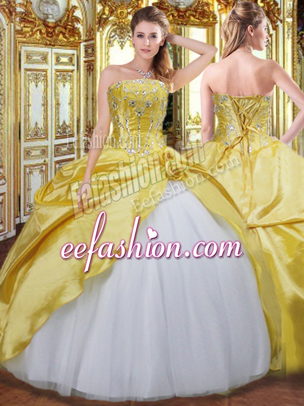 Best Gold Ball Gowns Taffeta Strapless Sleeveless Beading and Hand Made Flower Floor Length Lace Up Sweet 16 Dresses
