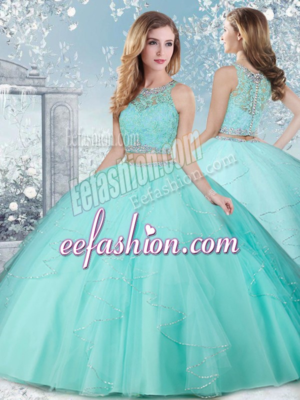 Custom Design Aqua Blue Scoop Clasp Handle Beading Sweet 16 Quinceanera Dress Sleeveless