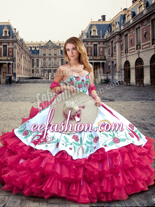  Fuchsia Sweetheart Lace Up Embroidery and Ruffled Layers Quinceanera Dresses Sleeveless
