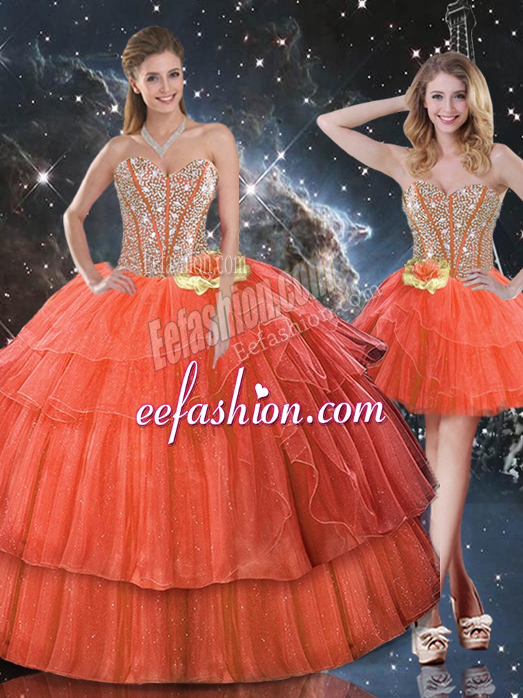  Organza Sweetheart Sleeveless Lace Up Ruffled Layers and Sequins Quince Ball Gowns in Rust Red