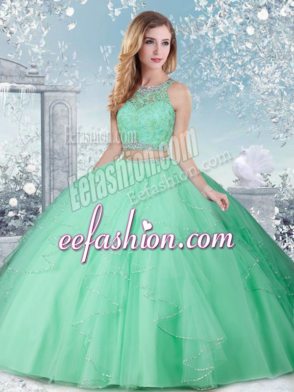  Apple Green Ball Gowns High-neck Sleeveless Tulle Floor Length Clasp Handle Beading Sweet 16 Quinceanera Dress