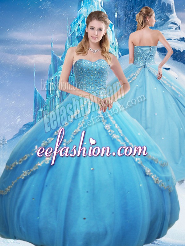 Perfect Baby Blue Lace Up Sweetheart Beading and Appliques and Sequins Ball Gown Prom Dress Tulle Sleeveless