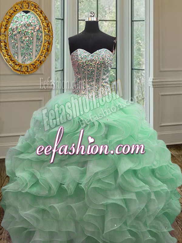  Apple Green Ball Gowns Ruffles Quinceanera Gown Lace Up Organza Sleeveless Floor Length