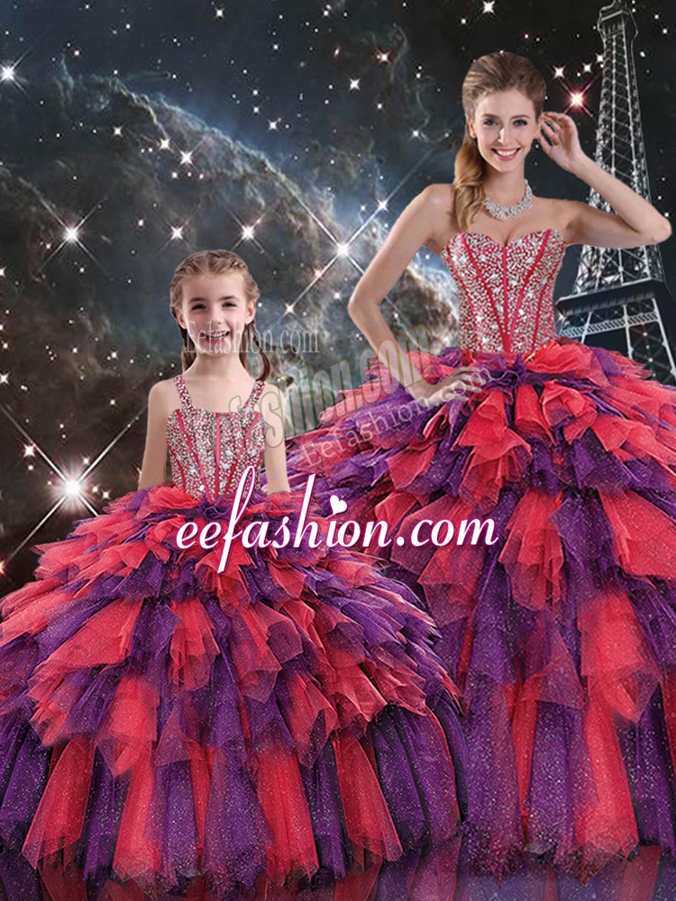 Suitable Multi-color Organza Lace Up Sweetheart Sleeveless Floor Length Quinceanera Gowns Beading and Ruffles and Ruffled Layers
