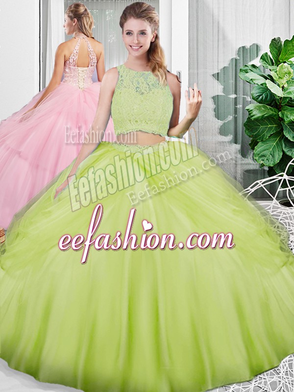 Fashionable Yellow Green Sleeveless Lace and Ruching Floor Length Quinceanera Gown