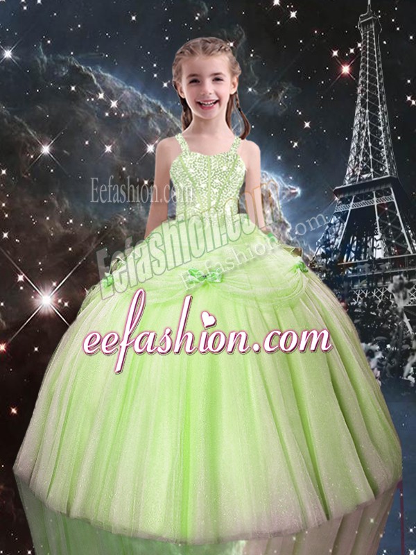  Yellow Green Lace Up High School Pageant Dress Beading Sleeveless Floor Length