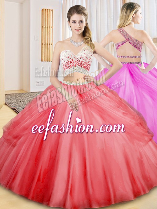  Coral Red Quinceanera Gowns Military Ball and Sweet 16 and Quinceanera with Beading and Ruching and Pick Ups One Shoulder Sleeveless Criss Cross