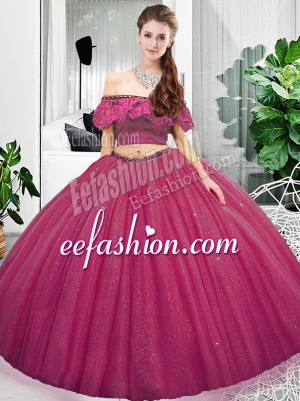 Fuchsia Lace Up Off The Shoulder Lace and Ruching Quinceanera Gowns Organza Sleeveless