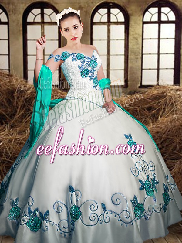  Sleeveless Taffeta Floor Length Lace Up Sweet 16 Quinceanera Dress in White with Embroidery