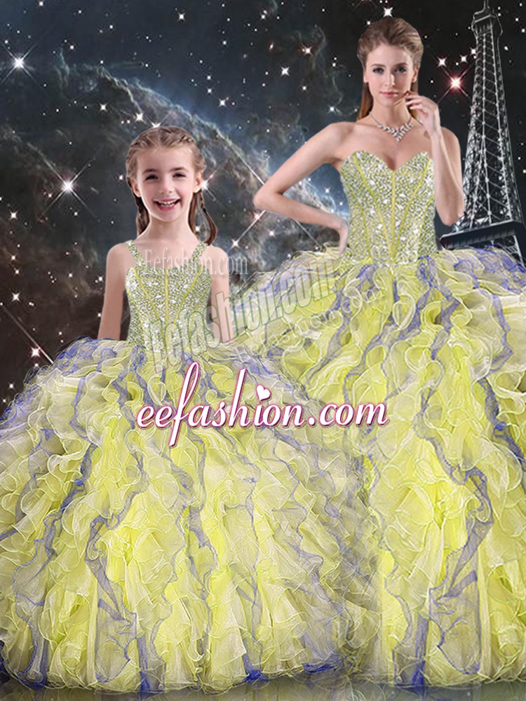  Floor Length Yellow Ball Gown Prom Dress Organza Sleeveless Beading and Ruffles