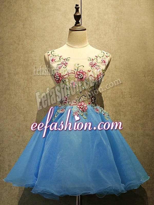  Baby Blue Sleeveless Embroidery Mini Length Prom Gown
