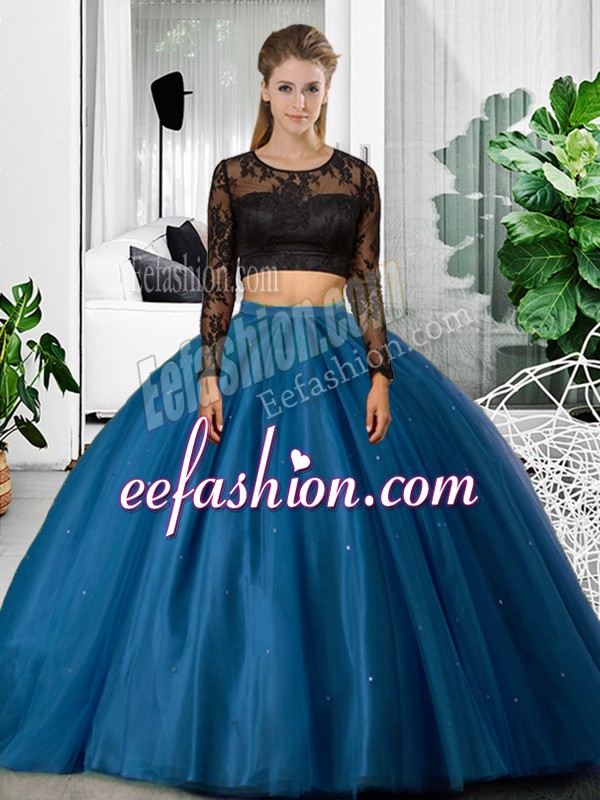  Tulle Scoop Long Sleeves Backless Lace and Ruching Quince Ball Gowns in Blue
