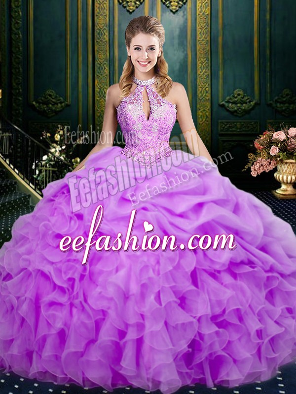 Stunning Halter Top Sleeveless Organza 15th Birthday Dress Beading and Ruffles and Pick Ups Lace Up