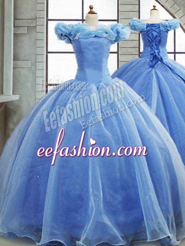 Glittering Lace Up Sweet 16 Dresses Light Blue for Military Ball and Sweet 16 and Quinceanera with Pick Ups Brush Train