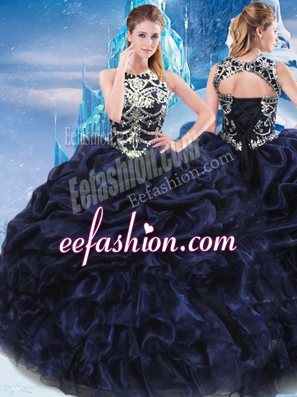 Affordable Navy Blue High-neck Neckline Appliques and Ruffles and Pick Ups Quince Ball Gowns Sleeveless Lace Up