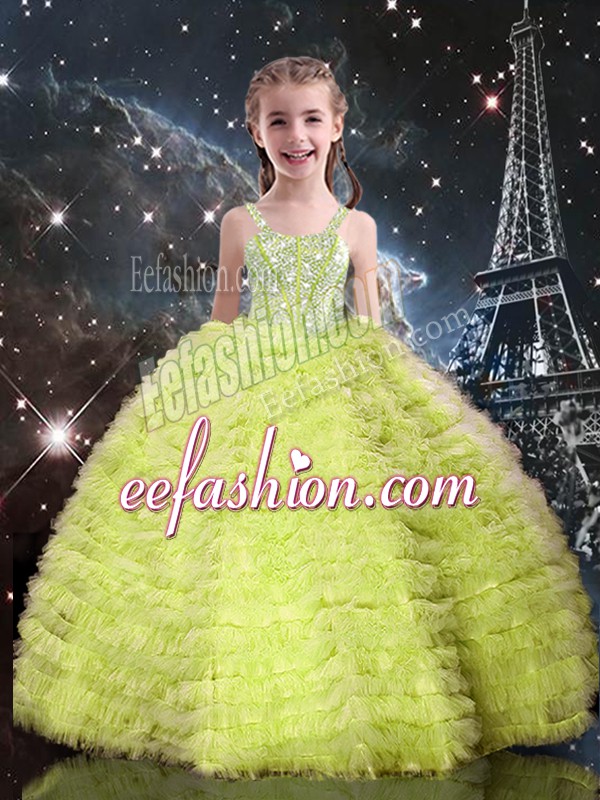  Yellow Green Ball Gowns Tulle Straps Sleeveless Beading and Ruffled Layers Floor Length Lace Up Kids Pageant Dress
