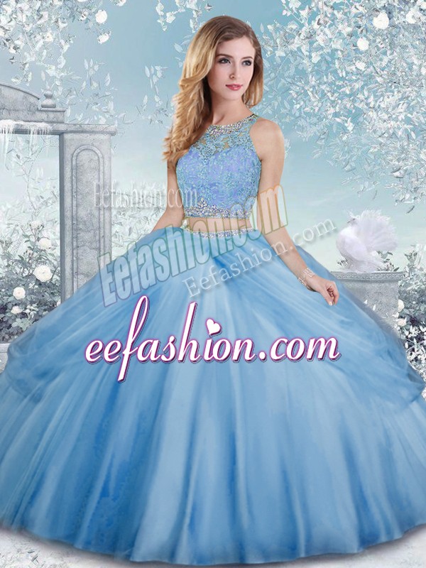 Designer Ball Gowns Quinceanera Dresses Baby Blue Scoop Tulle Sleeveless Floor Length Clasp Handle