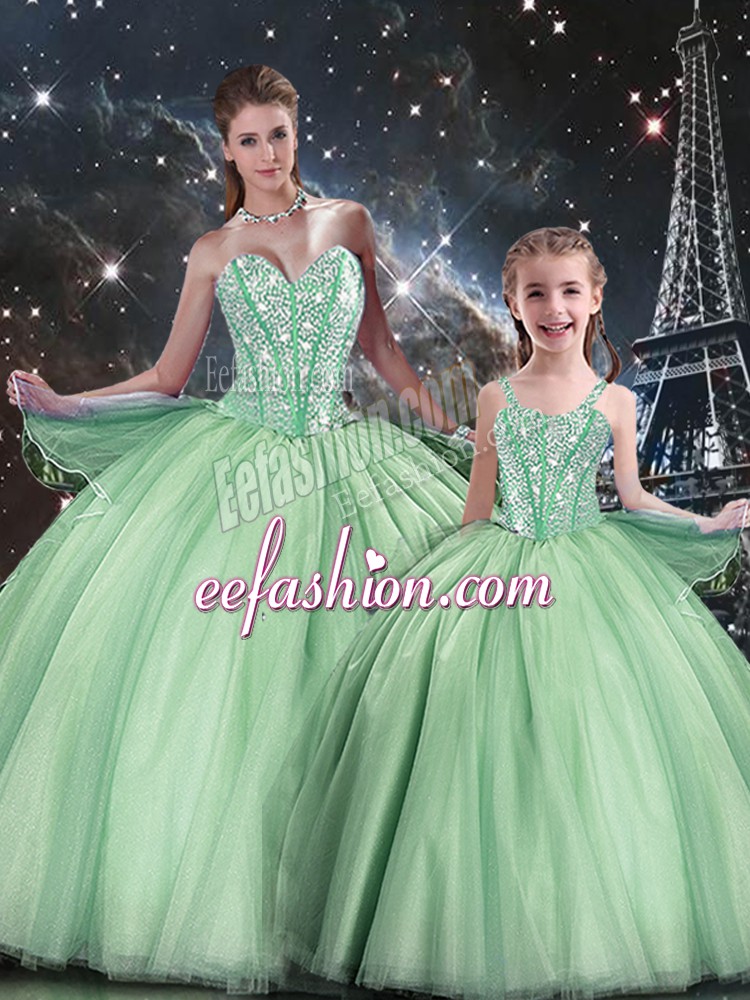Glittering Sleeveless Tulle Floor Length Lace Up Quince Ball Gowns in Apple Green with Beading