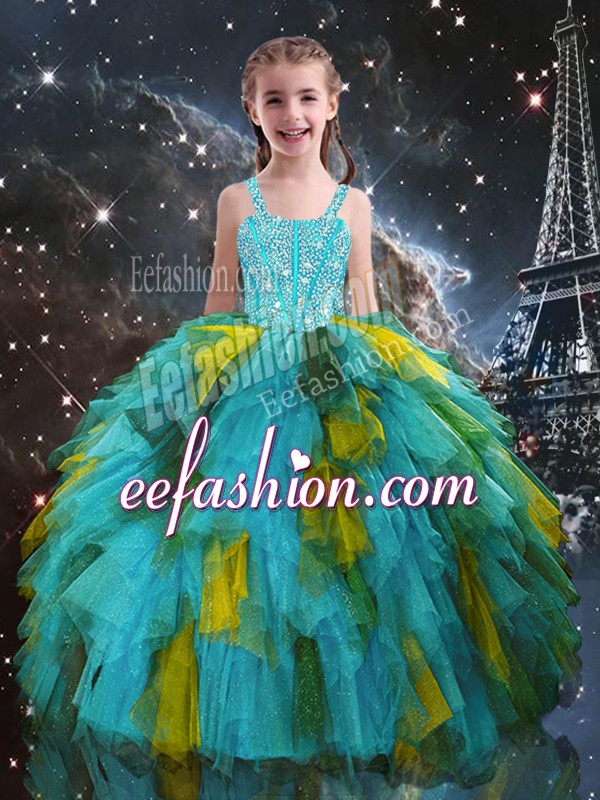  Floor Length Aqua Blue Pageant Gowns For Girls Tulle Short Sleeves Beading and Ruffles