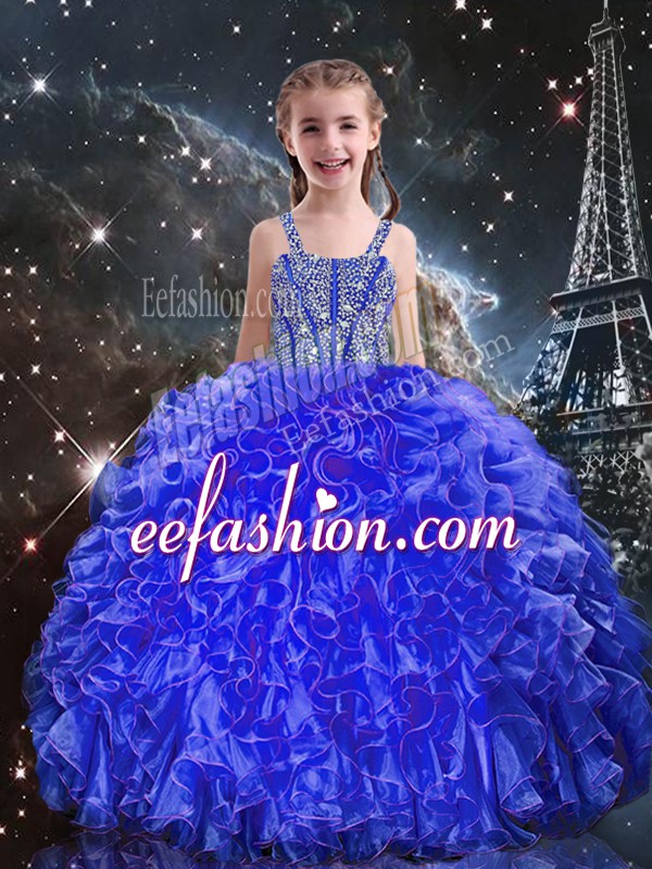  Royal Blue Sleeveless Floor Length Beading and Ruffles Lace Up Kids Formal Wear