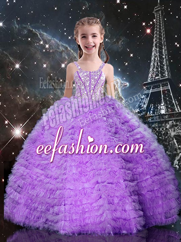 Most Popular Tulle Straps Sleeveless Lace Up Beading and Ruffles and Ruffled Layers Pageant Dress for Womens in Eggplant Purple