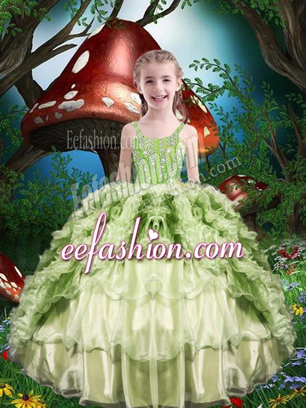 Gorgeous Yellow Green Straps Lace Up Beading and Ruffles and Ruffled Layers Glitz Pageant Dress Short Sleeves