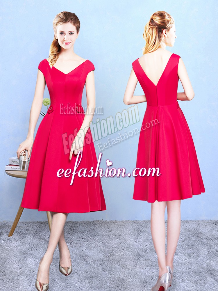 Beautiful Red Cap Sleeves Ruching Tea Length Dama Dress