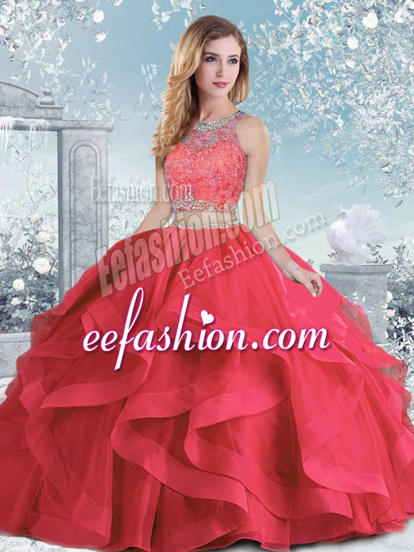 Discount Sleeveless Floor Length Beading and Ruffles Clasp Handle Sweet 16 Quinceanera Dress with Coral Red