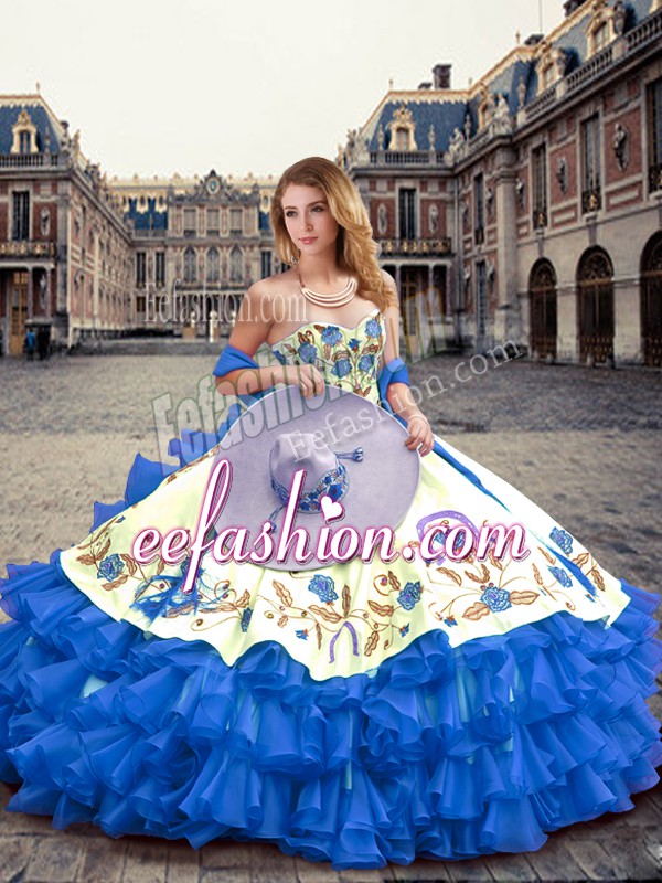 Suitable Blue Sleeveless Embroidery and Ruffled Layers Floor Length 15th Birthday Dress