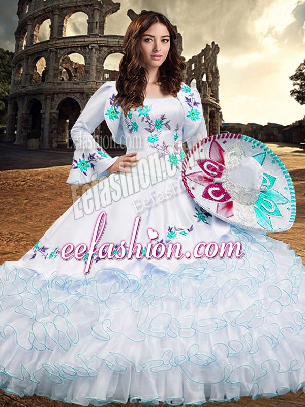 Enchanting Square Long Sleeves Organza Sweet 16 Dress Embroidery and Ruffled Layers Lace Up